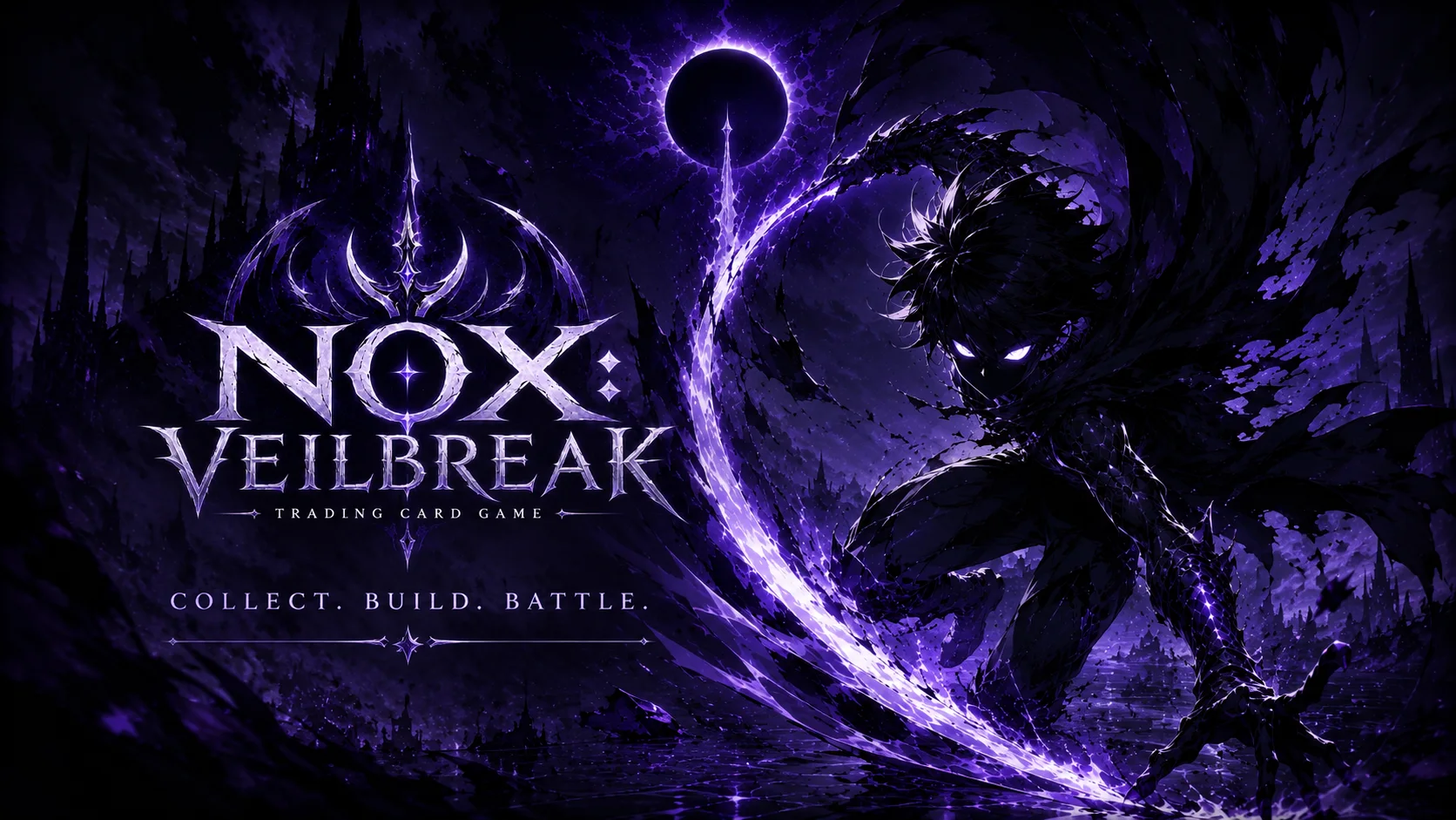 NOX: Veilbreak key art — a shadowed figure sweeping an arc of violet energy beneath an eclipse