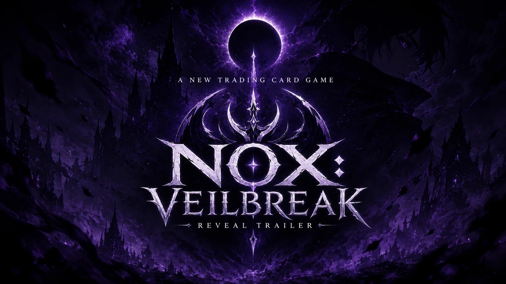 NOX: Veilbreak — a new trading card game. Reveal artwork with the Veilbreak sigil beneath an eclipse.