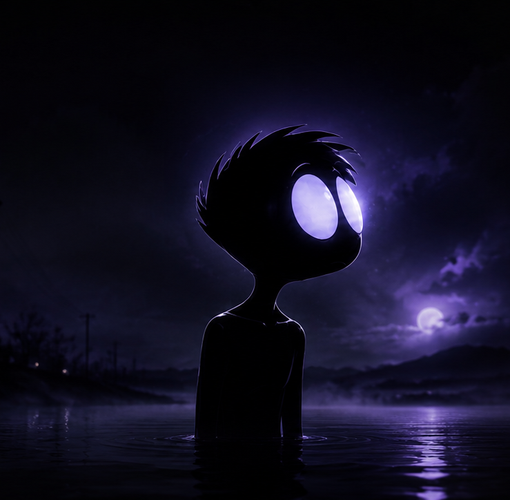 A NOX figure with glowing pale lavender eyes, half-submerged in dark water under a night sky.