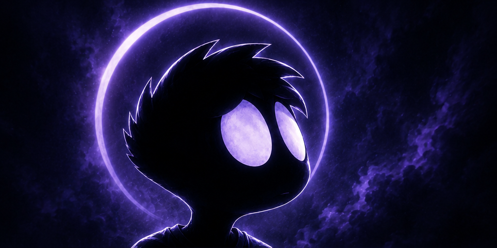 Close view of a NOX figure: glossy black head with tufted hair and enormous glowing pale eyes, encircled by a faint ring of light.