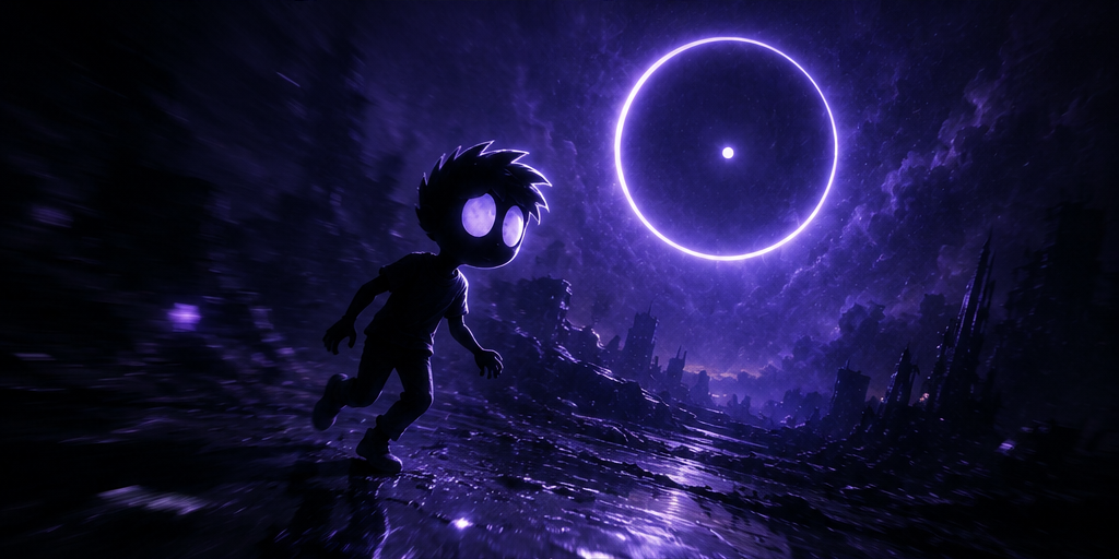 A small NOX figure mid-stride across a flooded ruin, a luminous ring hanging in the storm-lit sky behind it.