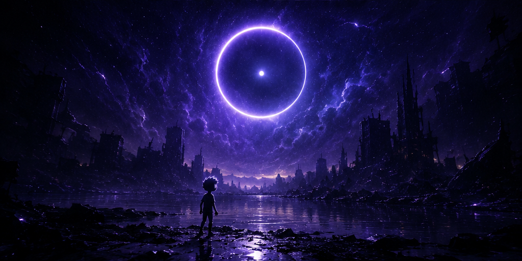 A lone NOX figure standing at the edge of dark water before a ruined skyline, dwarfed by an immense glowing ring above.